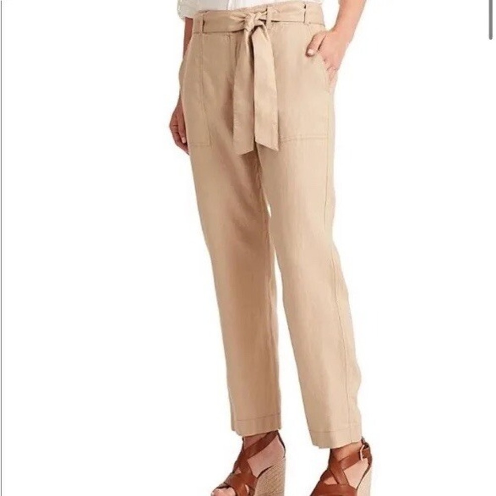 Lauren Ralph Lauren Tan Linen Paperbag Waist Tie Belt Straight Leg Pants Mens